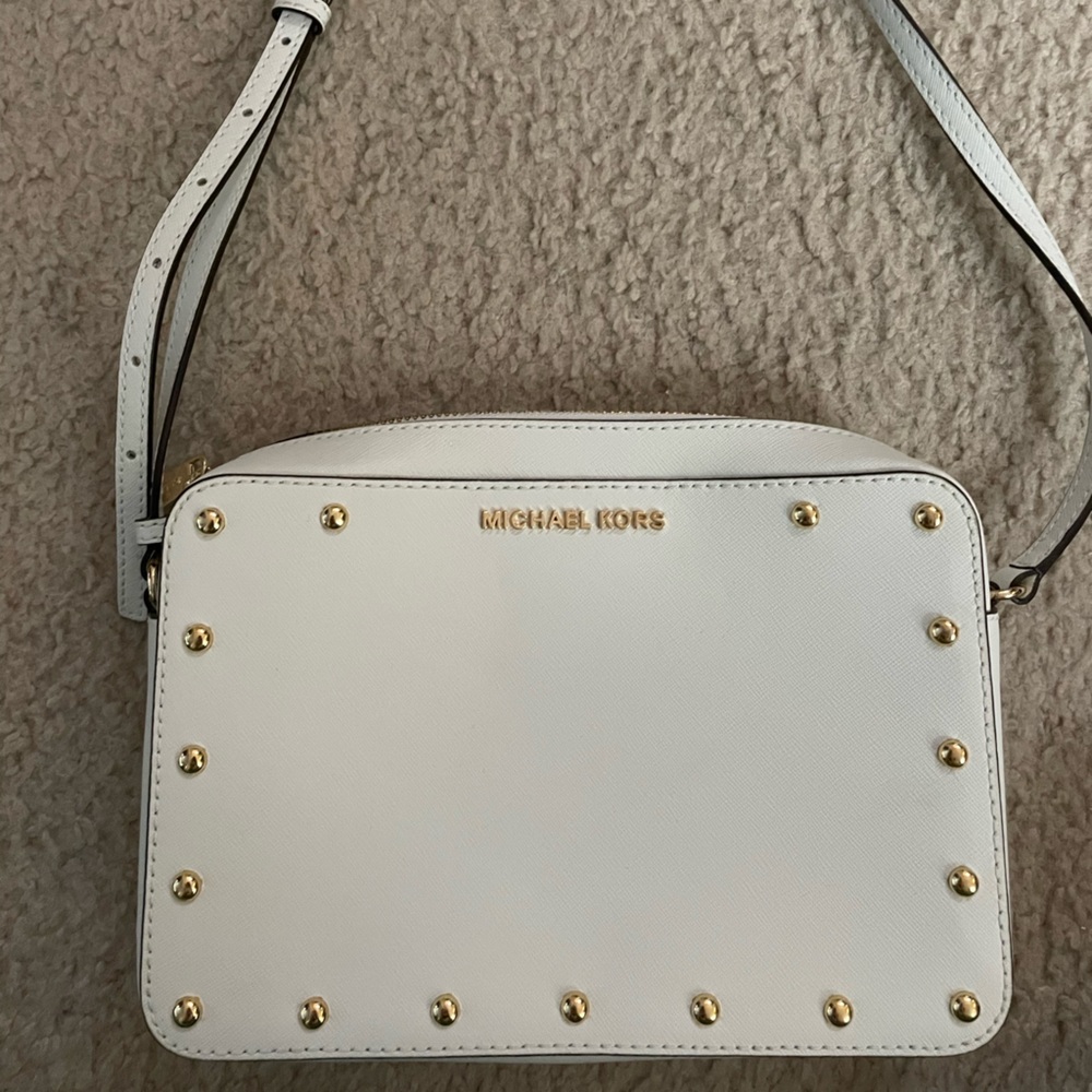 NWOT Michael Kors Jet Set Large Saffiano Leather Crossbody Bag White Gold Studs
